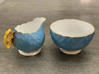Rare Aynsley Butterfly Handle Blue Creamer And Sugar Set