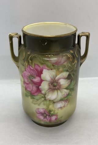 Antique Rs Prussia 1910 - 20’s Hand Painted Two Handled Floral Vase 5 " Rare