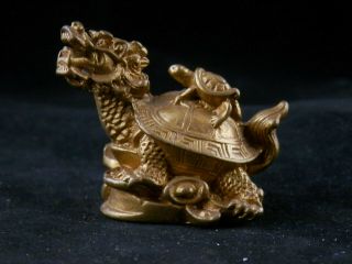 Fine Antique Chinese Brass Hand Made Turtle On Dragon - Turtle Statue F119