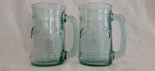 2 Rare Vintage Coca - Cola Coke Green Heavy Glass Embossed Mugs With Handles