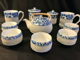 Vintage Japanese Hasami Yaki Porcelain Reticulated Tea Set Blue And White - Rare