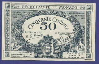 Gem Uncirculated 50 Centimes 1920 Banknote From Monaco Rare