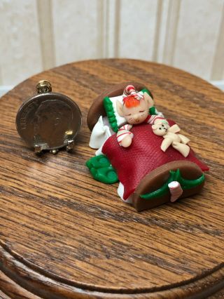 Dollhouse Miniature Artist Signed Sculpted Tiny Elf In Bed W/teddy Bear 1:12