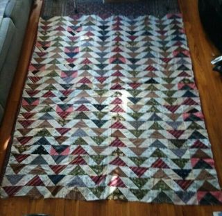 Antique Hand Stitched Rich Multi - Colored 3 Triangle Patchwork Quilt Top