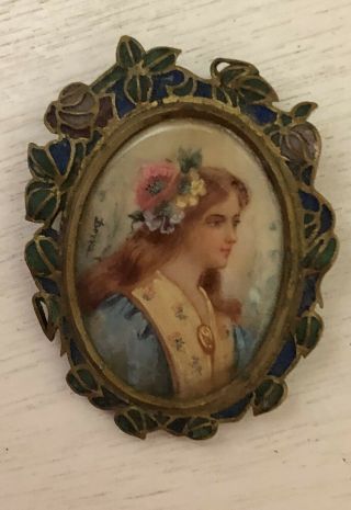 Antique Victorian Hand Painted Portrait Brooch Signed