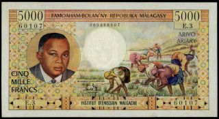 Madagascar 5000 Francs 1966 Axf Rare & Note French Colonial Currency