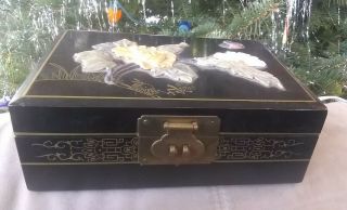 Vintage Black Laquer Jewelry Box With Brass Hardware And Carved Stone Inlay