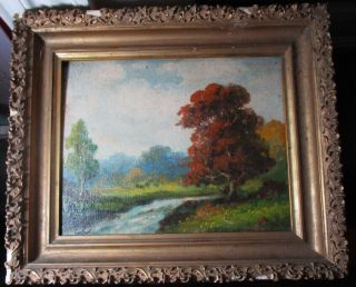 Antique Framed Oil Painting Landscape Trees & River /s Colbert