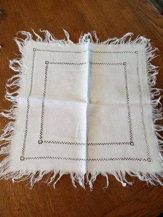 Large Antique Damask White Tablecloth Drawn Thread Fringe 12 Napkins 63 X 110 "