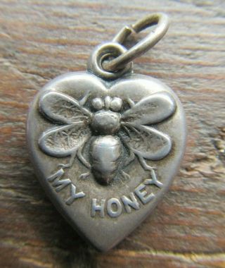 Rare Victorian Antique Rebus Sterling Silver Puffy Heart Charm Bee My Honey