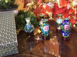 Mini Chinese Cloisonne Set Of 5,  3” Tall Vases On Carved Wooden Stands,  Nib
