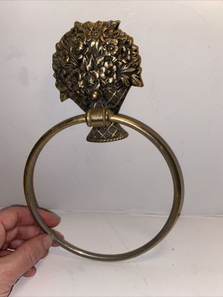 Vintage Brass Wall Mount Ring Towel Holder FLOWER BASKET Gorgeous 3