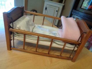 Vintage Wooden Doll Crib W/bedding 11 " Long 6 " High