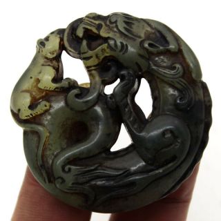 P882 Ancient Chinese Old Jade Handcarved Dragon Mouse Amulet Pendant 2.  0 "