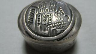 Antique Vintage Taxco Mexican Sterling Silver Pill Box,  Marked Th - 46,  Town Scene