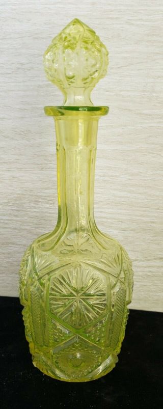 Antique Vaseline Glass Decanter,  Stoppered Bottle,  Pressed Pattern