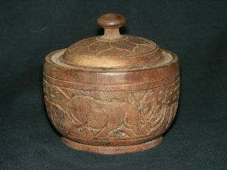 Rare Late 19thc African Carved Wood Pot And Lid Decorated Rhinoceros Elephant