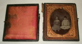 Antique 1/6th Plate Tintype Photo In Case Two Girls Children Vintage Photograph