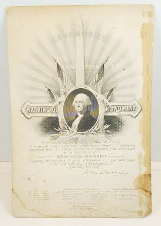 Rare 1885 Invitation To The Dedication Of The Washington Monument