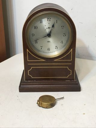 Antique Poole Morse Battery Clock In Rare Arch Top Wood Case