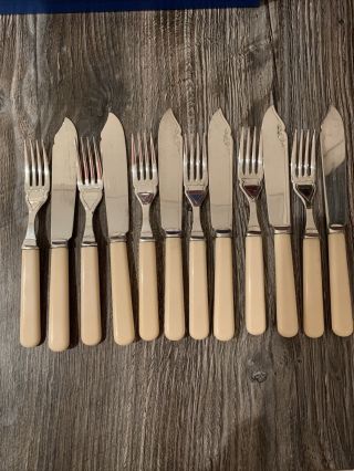 Vintage De Montfort Sheffield Set Of 6 Fish Knives &forks From 1950 