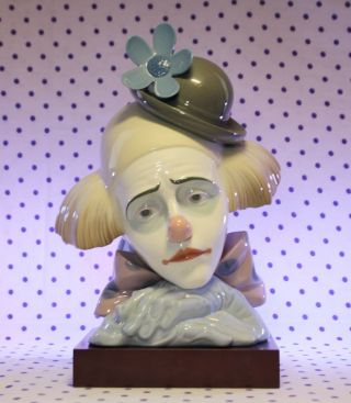 Rare Lladro Pensive Clown Figurine Head On Wood Base Bowler Hat Retired 5130