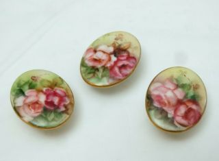 Antique Porcelain Hand Painted Roses Oval Buttons Studs Set Of 3