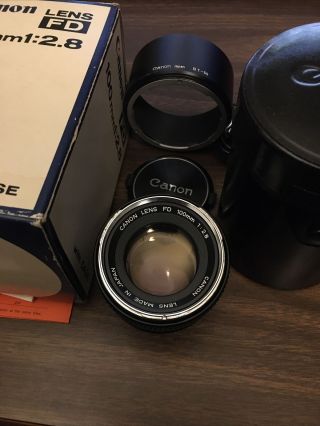 Rare " O " Canon Fd 100mm F/ 2.  8 Portrait W/ Hood,  Filter Japan Case Box