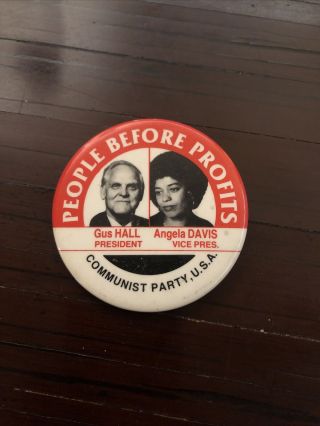 Rare Angela Davis,  Gus Hall Communist Party People Before Profits Button/pin