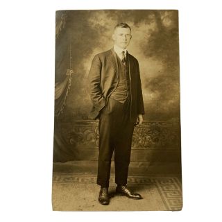Antique Rppc Real Photograph Postcard Handsome Young Man In Suit Backdrop