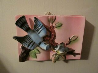 Vintage Pink Ceramic Wall Pocket With Blue Jay And Baby Blue Jay On A Limb Japan