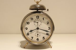 Antique Art Deco Rare Germany Table Desk Chromed Tin Alarm Clock " Gustav Becker "