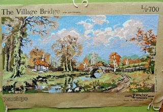 A Large Vintage Completed Wool Tapestry The Village Bridge Penelope