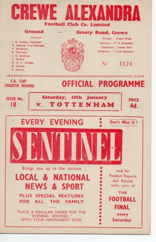 Crewe Alexandra V Tottenham Hotspur Football Programme Fa Cup 4rd 1961 Rare