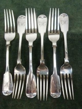6 Antique F M & Co Dinner Table Forks Fiddleback Pattern Silver Plated
