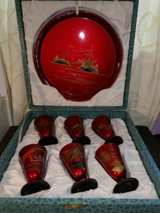 Oriental Japanese Papier Mache Red Lacquer Plate & 6 Cups Set Cased Box