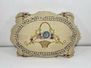 Vtg 1930’s Hand Embroidered Pillow With Down Fill Lace Trim Antique Flowers