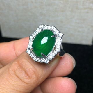 Collectible Handwork Chinese Green Ice Jadeite Jade Adjust Ring Size 7 - 13