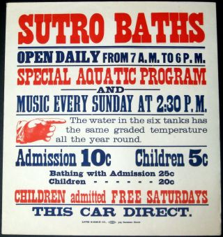Sutro Baths Rare Antique 1897 San Francisco 17 " X18 " Streetcar Advertising Poster