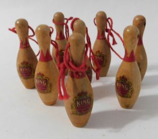 8 Vintage Wood King Brunswick Bowling Pin Ornaments Rare Find 2 1/2 "