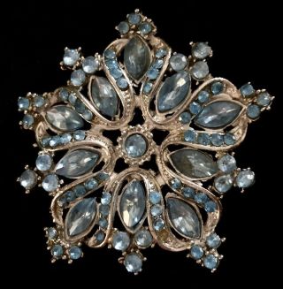Vintage Antiqued Silver Tone Blue Glass Rhinestones Pin Brooch Broach Uv Glows