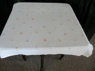 Vintage Tablecloth - Hand Embroidered With Flowers - Linen - 32 " X 33 " Sq.