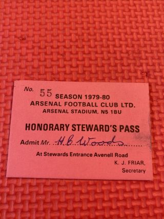 Arsenal - Rare - Highbury Stewards Season Ticket Pass 1979/80
