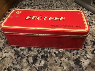 Vintage Antique Brother Zig Zag Sewing Box Accessories Red Metal Hinged Lid 6.  5”