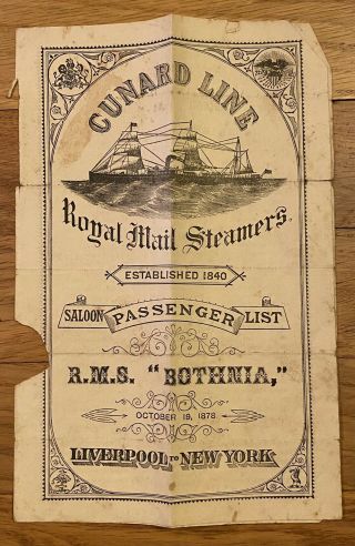 Rare 1878 Rms Bothnia Cunard Line Royal Mail Steamers Saloon Passenger List