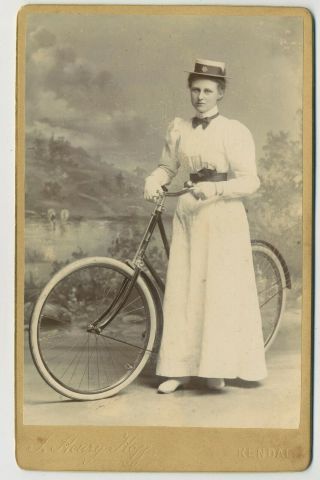 Antique Cabinet Photograph Of A Young Lady In Summer Outfit With Bicycle L3