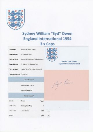Syd Owen England International 1954 Rare Hand Signed Card