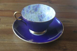 Very Rare Shelley Cobalt Blue Pansy Chintz Henley Teacup Tea Cup Saucer Gold