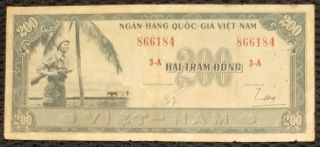 South Vietnam 200 Dong Vf Banknote Note 1955 - Buffalo & Soldier - Pick 14 Rare