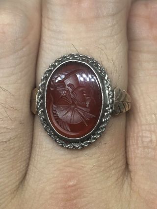 Antique Silver 900 Carnelian Cameo Ring With Gold Decoration,  Uk Size Q,  3.  85g